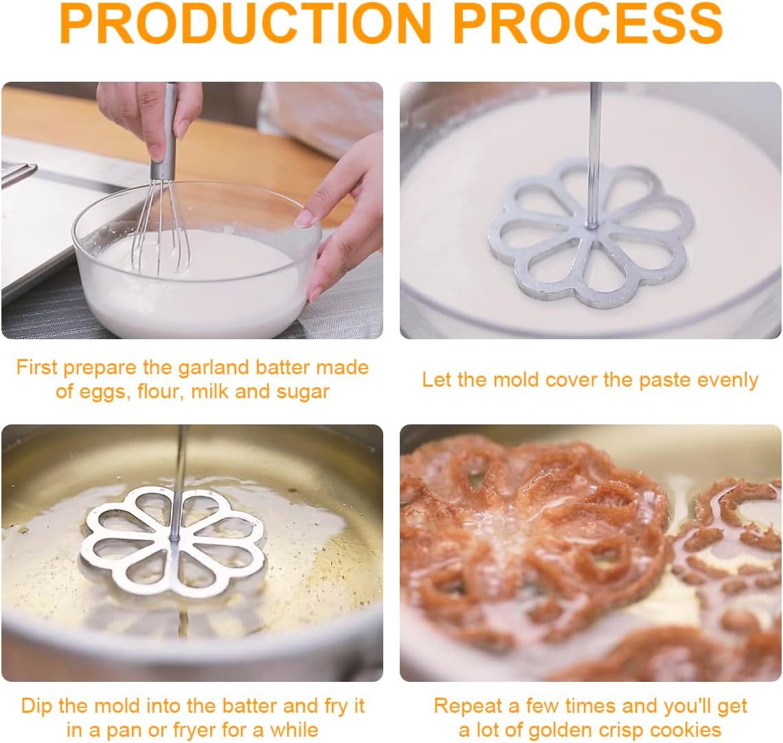 Bunuelos Mold with Handle, Aluminium Cast Waffle Molds Set for Rosette Cookies with 3 Interchangeable Heads
