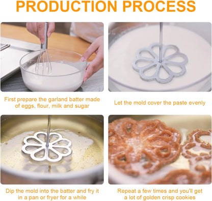 Bunuelos Mold with Handle, Aluminium Cast Waffle Molds Set for Rosette Cookies with 3 Interchangeable Heads