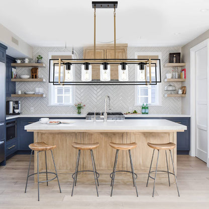 Lucidce 5-Light Farmhouse Chandelier Black and Brass Kitchen Island Lighting with Clear Glass Shades, Rectangular Chandeliers for Kitchen or Dining Room