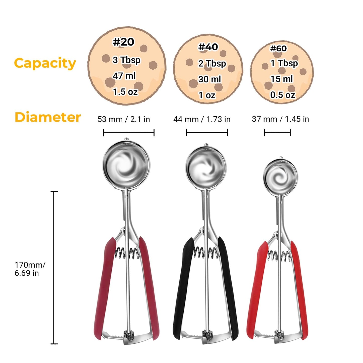 Cookie Scoop Set, Cookie Scoops for Baking Set of 3, Stainless Steel Ice Cream Scoop, 1 Tbsp/2 Tbsp/3 Tbsp Cookie Dough Scoop, Cookie Scooper for Cookie Cupcake Muffin Truffles Ice Cream