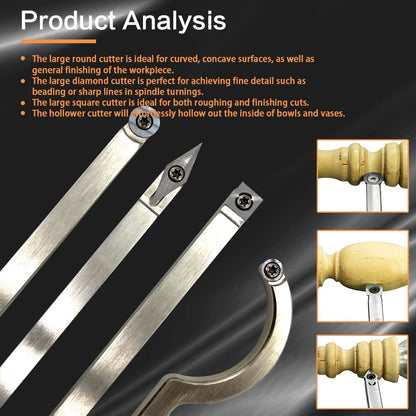 Carbide Tipped Wood Turning Tools Set, Lathe Rougher Finisher Swan Neck Hollowing Tools and Interchangeable Aluminum Alloy Grip Handle with Diamond Round Square Carbide Inserts
