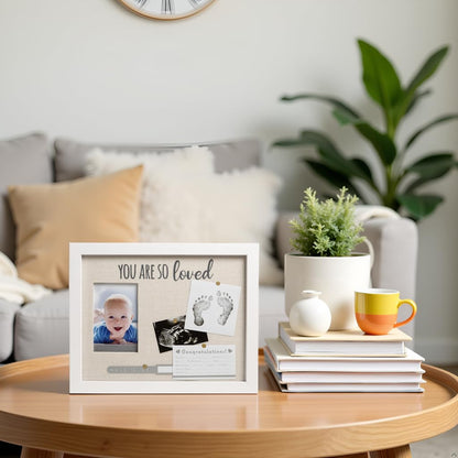 Kate & Milo You Are So Loved Collage Frame, Newborn Keepsake Box, Baby Memento, Nursery Decor, Handprint and Footprint Ink Pad Included, Linen Mat, White