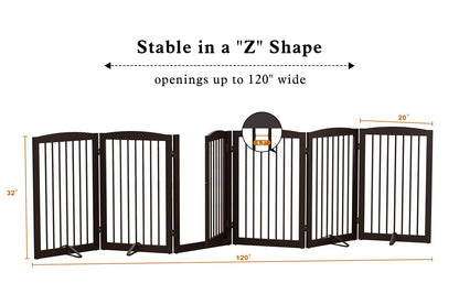 PUPETPO Freestanding Pet Gate with Door, Tall Dog Gate for House, Extra Wide, Pet Puppy Safety Fence, Support Feet Included, 120 Inch Wide, 6 Panels 32" Tall, Brown
