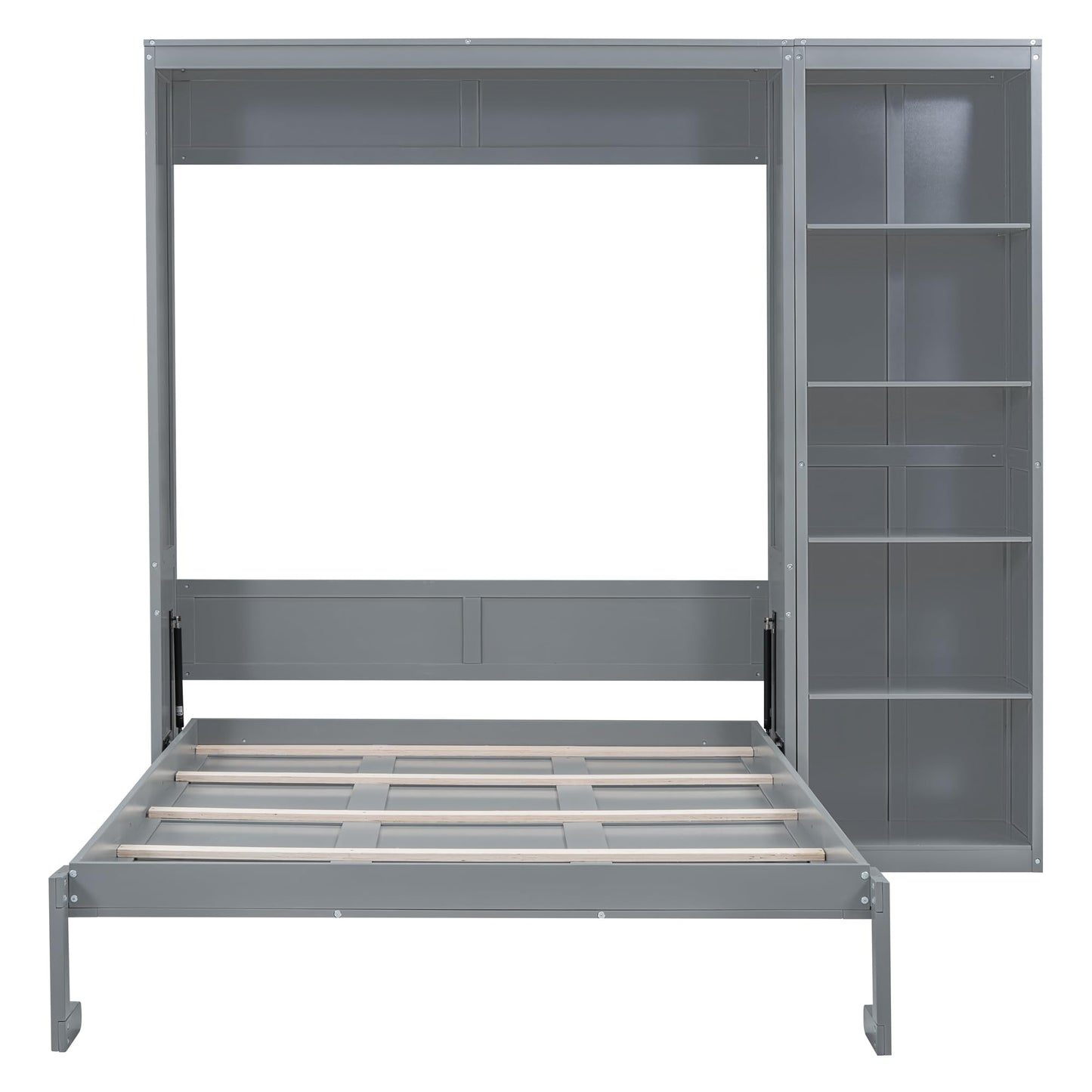 Merax Space-Saving Gray Murphy Bed Queen Size with Adjustable Storage Shelves, Multifunctional Foldable Wall Bed for Small Spaces Studio Study Office Guest Room