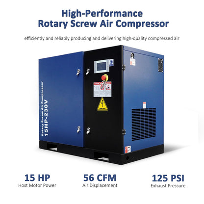 15HP Rotary Screw Air Compressor, 56 CFM, 125PSI, 230V 3PHASE 60HZ, Fixed Speed Compressor, Industrial-Grade, Heavy Duty Air Compressed System