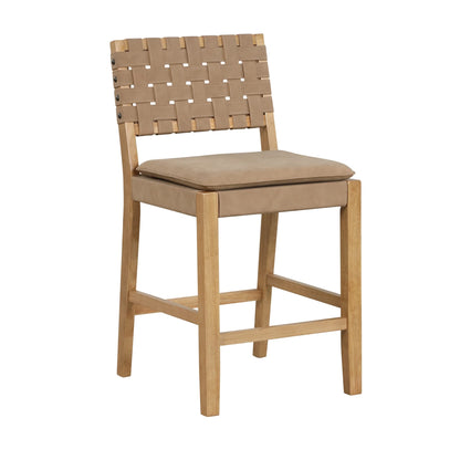 Nathan James Cohen Mid-Century Modern Leather Bar Stool, Counter Height Chair in Solid Wood Frame with Footrest and Woven Leather Back for Kitchen, Natural Brown, 1 count, Barstool - 24"