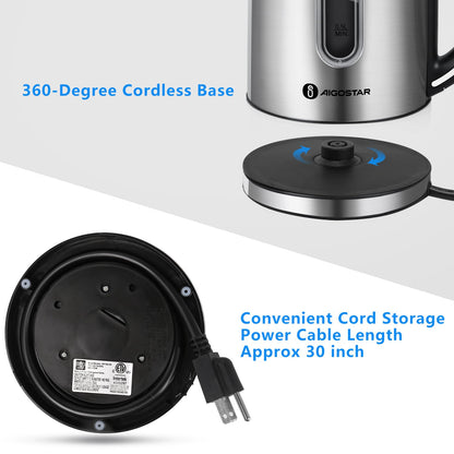 Aigostar King - Electric Kettle Stainless Steel, 1.7 Liter Cordless Tea Kettle, 1100W Hot Water Kettle with Auto Shut-Off, BPA-Free