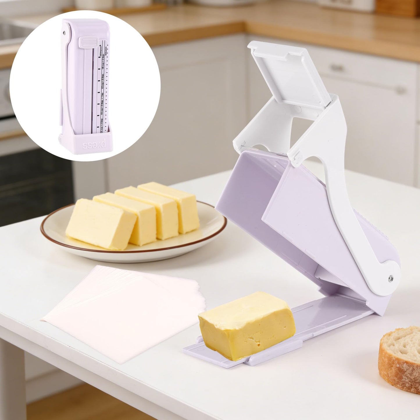 Butter Cutter Dispenser with 50pcs Portioning Paper, Single Stick Butter Slicer & Keeper with Measuring Function Measurement Tool for Cheese Block Bread Cakes Cookies Breakfast