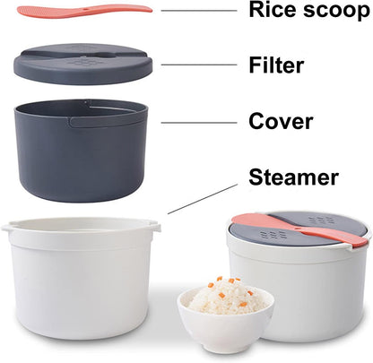 Microwave Rice Cooker - Microwave Rice and Pasta Cooker with Spoon, Easy Cooking or Reheating Set, Red