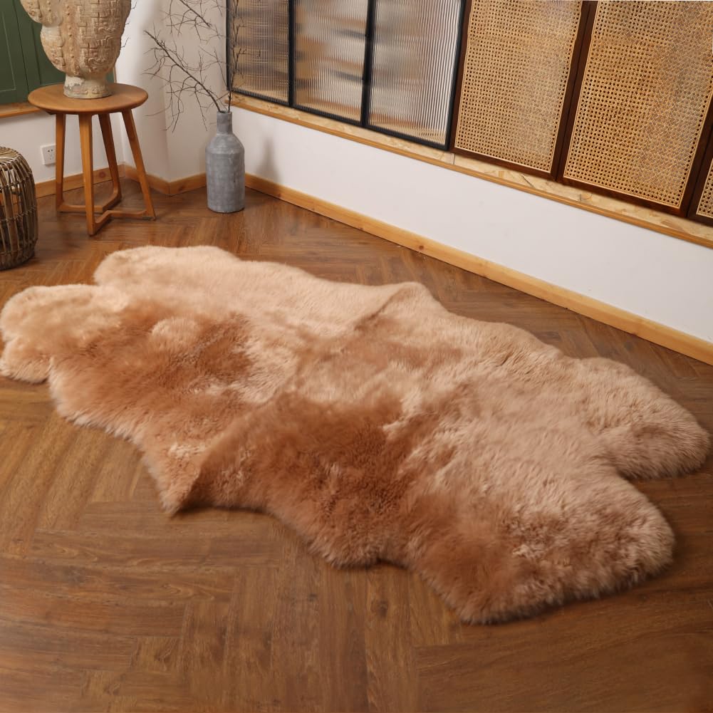 IRIWOOL Premium Genuine Fur Sheepskin Rug Real Australia Sheepskin Natural Luxury Fluffy Lambskin Fur Area Rug Seat Covers for Kids Bedroom Sofa Chair Cover (Light Brown, 4ft x 6ft)