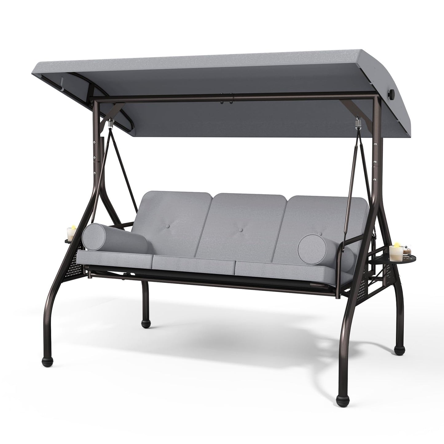 Patiomore 3 Seat Outdoor Porch Swing Chair, Adjustable Canopy Swing Bench, Convertible Backrest Swing Bed with Thicken Cushions, Pillow & Cup Hold (Grey), Gray
