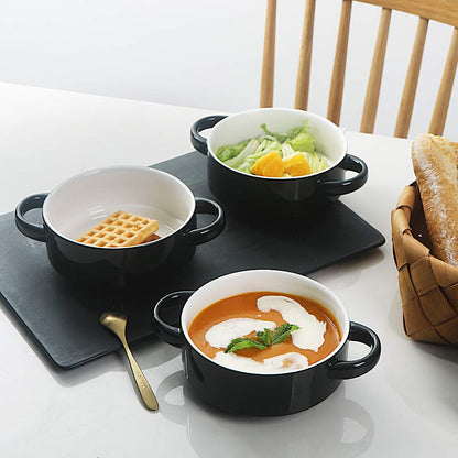 Sweejar Ceramic Soup Bowls with Double Handles, 20 Oz Stacked Bowls for French Onion Soup, Cereal, Pot Pies, Stew, Chill, Pasta, Set of 4 (Black)