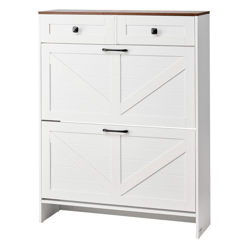 VEVOR Shoe Cabinet with 2 Flip Drawers, Farmhouse Shoes Storage Cabinet with 2 Drawers and Anti-Tipping Device, Freestanding Shoe Organizer Ideal for Entryway, Hallway, Bedroom, Living Room, White