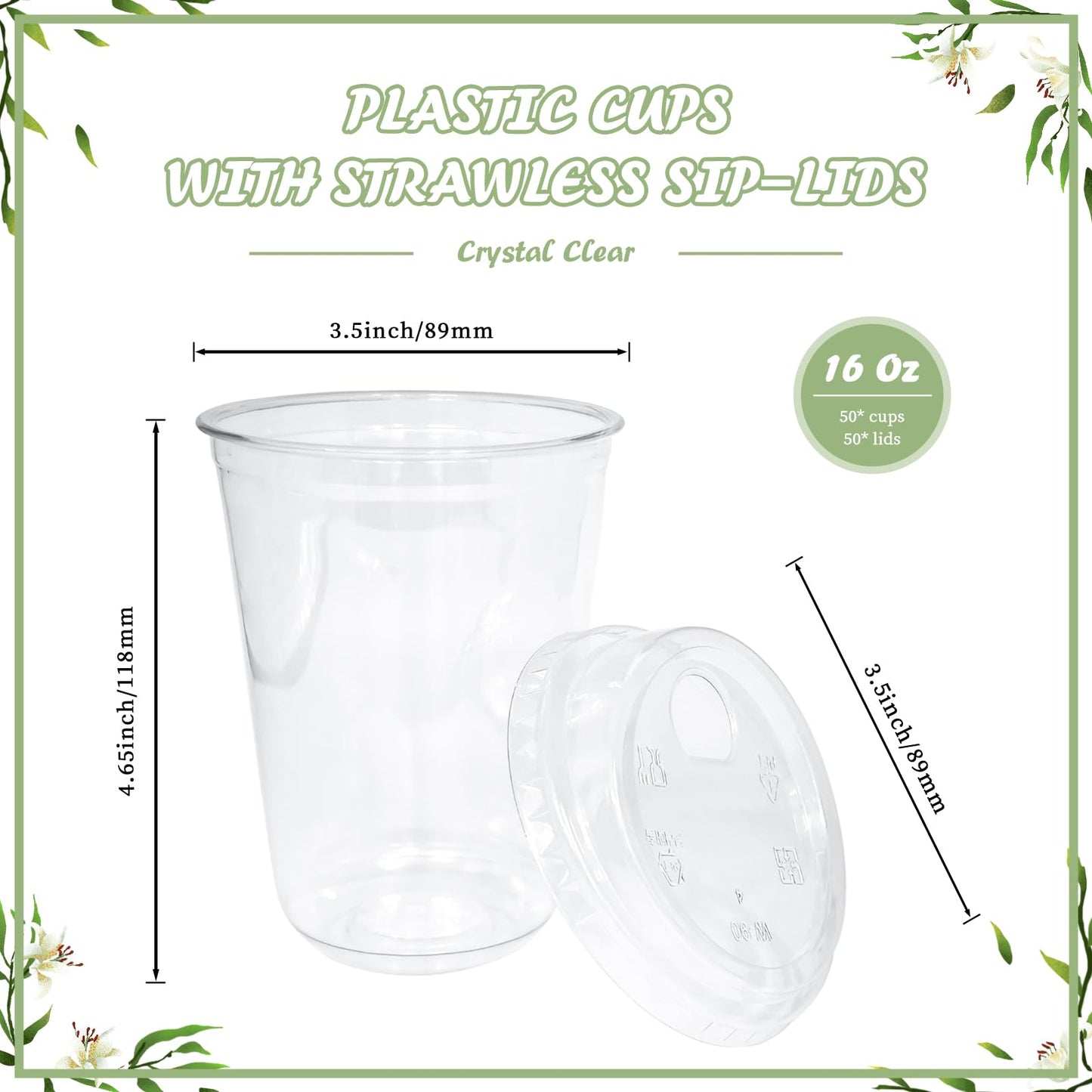 Thrseely 50 Sets Clear Plastic Coffee Cups with Sip Lids, Disposable PET Cups for Iced Coffee, Smoothie, Cold Beverage, Plastic Crystal for Shops and Party Catering (Clear, 16 oz)