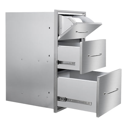 Outdoor Kitchen Drawers with Paper Towel Holder 17"Wx30"Hx20"D Flush Mount Access 3-Drawer BBQ Stainless Steel Drawers with Handle for Outdoor Kitchen Island or Grill Station