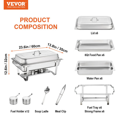VEVOR Chafing Dish Buffet Set, 8 Qt 6 Pack, Stainless Chafer with 6 Full Size Pans, Rectangle Catering Warmer Server with Lid Water Pan Folding Stand Fuel Holder Tray Spoon Clip, at Least 8 People Eac