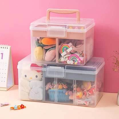 FOREVERIE Small Portable Plastic Storage Box for Beauty Ornaments Hair Nail Accessories, Cosmetic Case with Handle & Removable Tray & a Divider, Sewing Box Organizer, Kids Art Box (Clear & Pink)