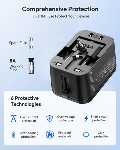 Universal Travel Adapter Worldwide, GaN Fast Charging with PD 3.0 USB-C & USB-A Quick Charge Ports, All-in-One International Power Plug Adapter Converter AC Wall Charger for Europe USA UK AUS Black