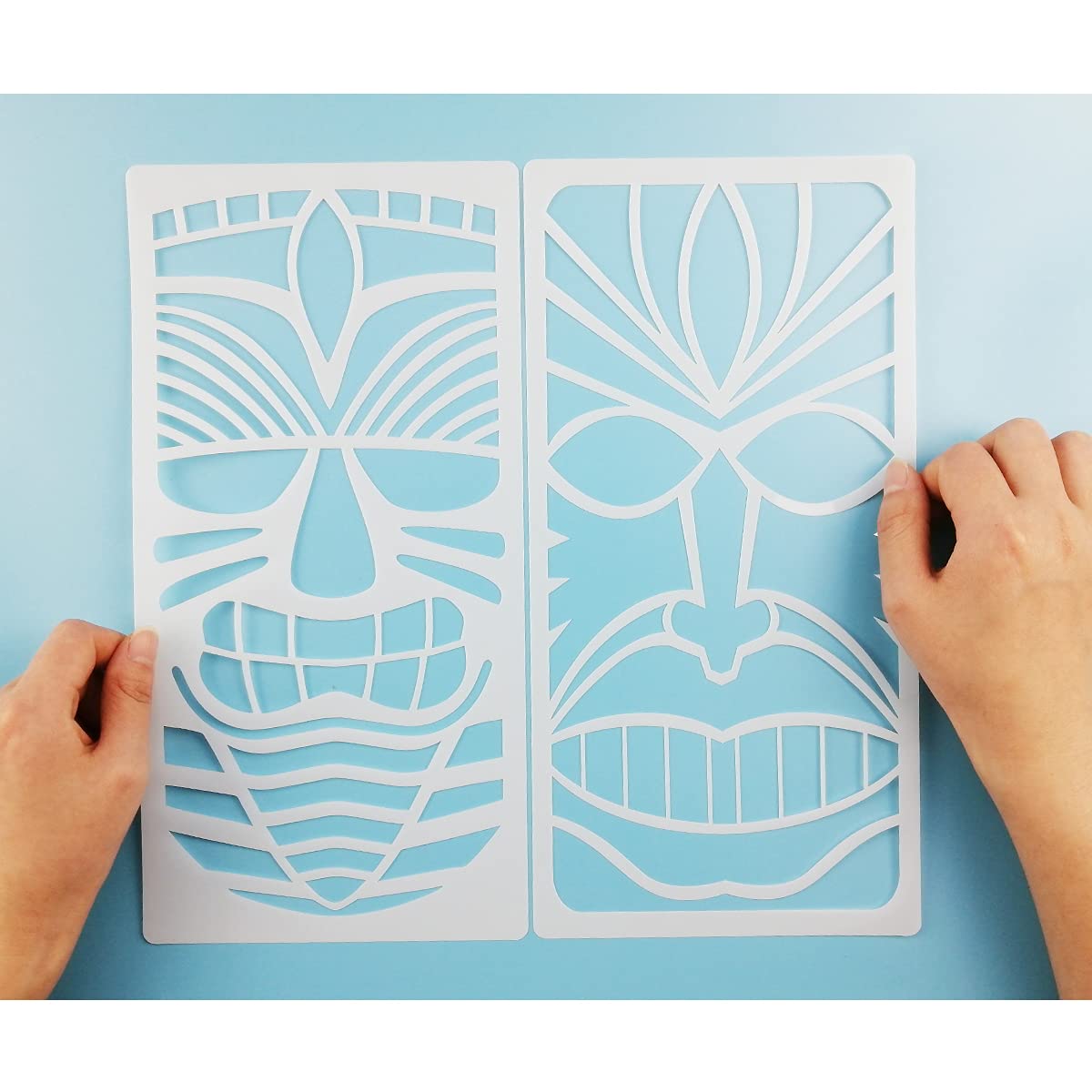Tiki Tribe Stencils, 16 Pcs Tiki Totems Face with Open Mouth Stencils Reusable Template A4 Size for Painting on Wood Fabric Canvas Wall DIY Art Projects 6"x 12"