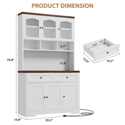 Garvee 71" Pantry Cabinet with Charging Station, Tall Kitchen Pantry Storage Cabinet with Microwave Stand, Farmhouse Kitchen Hutch with Storage Drawers for Living Room, Dining Room, White