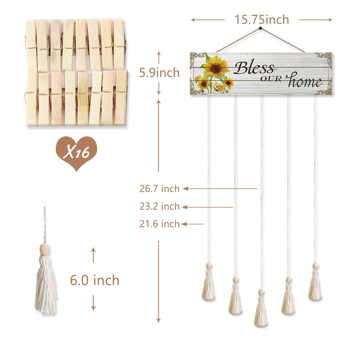 Gwisml Home Collage Picture Frames,Clip Photo Holders for Wall,Wooden Hanging Photo Display with 16 Clips 5 Strings,Bless Our Home Sign Wall Decor