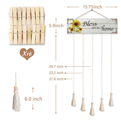 Gwisml Home Collage Picture Frames,Clip Photo Holders for Wall,Wooden Hanging Photo Display with 16 Clips 5 Strings,Bless Our Home Sign Wall Decor