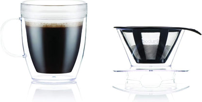 Bodum 12oz Pour Over Coffee Dripper Set - BPA-Free Plastic, Clear, with Double Wall Mug and Reusable Filter