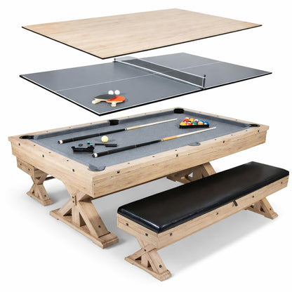 7' 3 in 1 Multi Game Pool Table with Dining Top Pool Ping Pong Table Combo with Dual Storage Bench Seating. Includes Billiards, Ping Pong Accessories. (Rustic Oak with Grey Felt)