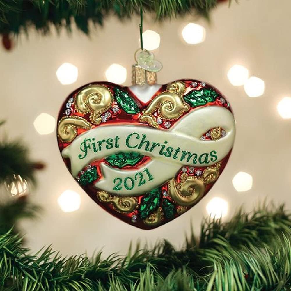 Old World Christmas 2021 First Christmas Heart Glass Blown Ornaments for Christmas Tree