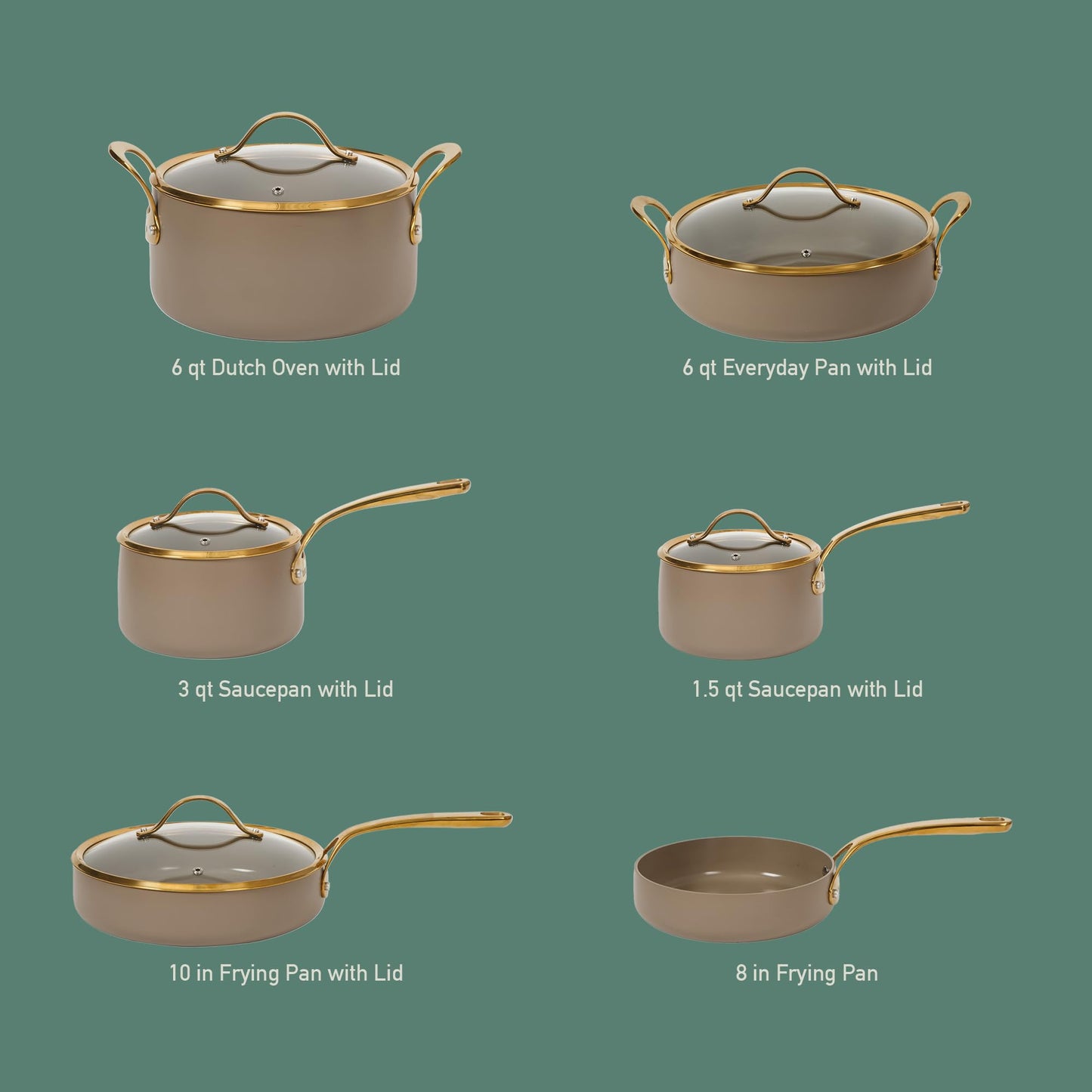Bloomhouse - Two Time Oprah's Favorite Things Winner - 15 Piece Pots and Pans Heavy Duty Aluminum Premium PFA Free Ceramic Nonstick Dutch Oven Pot with Lid - Cappuccino Cream with Gold Handle