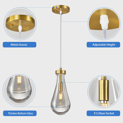 LIANGMH Raindrop Pendant Lights Kitchen Island Set of 3 Teardrop Gold Hanging Light Fixtures Clear Solid Glass Pendant Light Modern Chandeliers for Dining Room Porch Corridor Living Room…