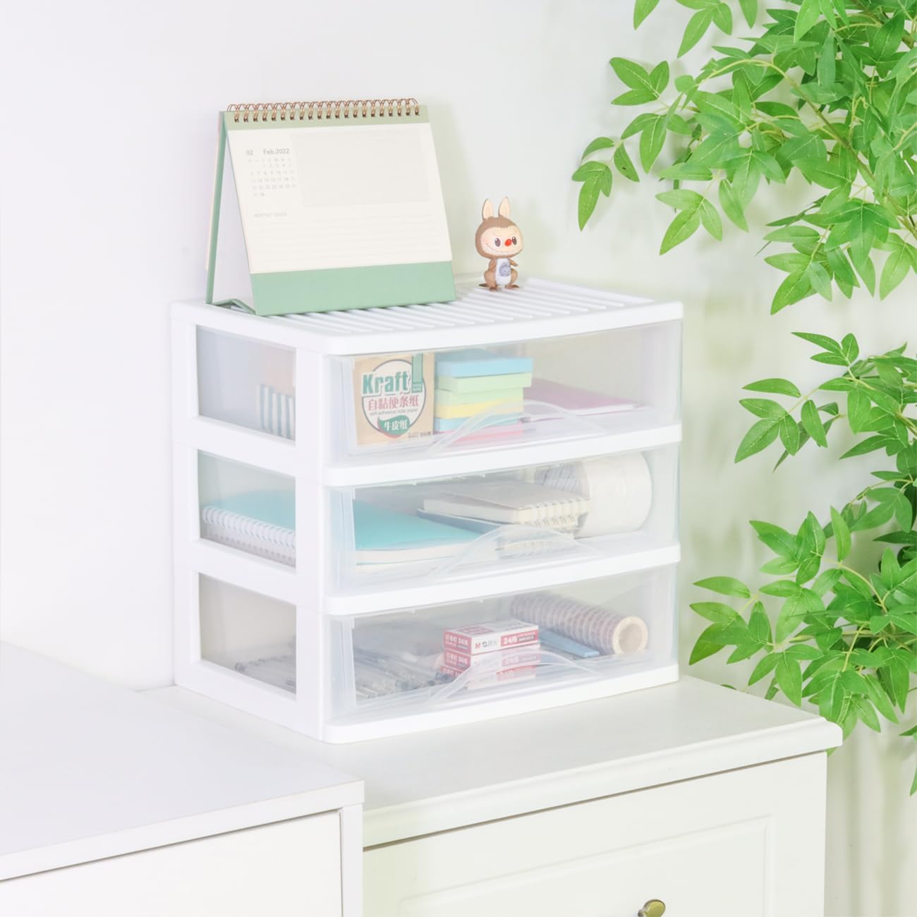 BYCY Plastic Stackable Storage with 3 Drawers, White Makeup Organizer for Bathroom, Desk, and Easy Assembly