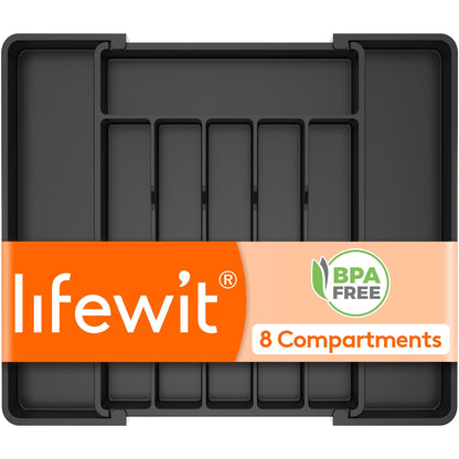 Lifewit Silverware Drawer Organizer, Expandable Utensil Tray for Kitchen, BPA Free Flatware and Cutlery Holder, Adjustable Plastic Storage for Spoons Forks Knives, 8.5"-14.1" x 12.1", Black