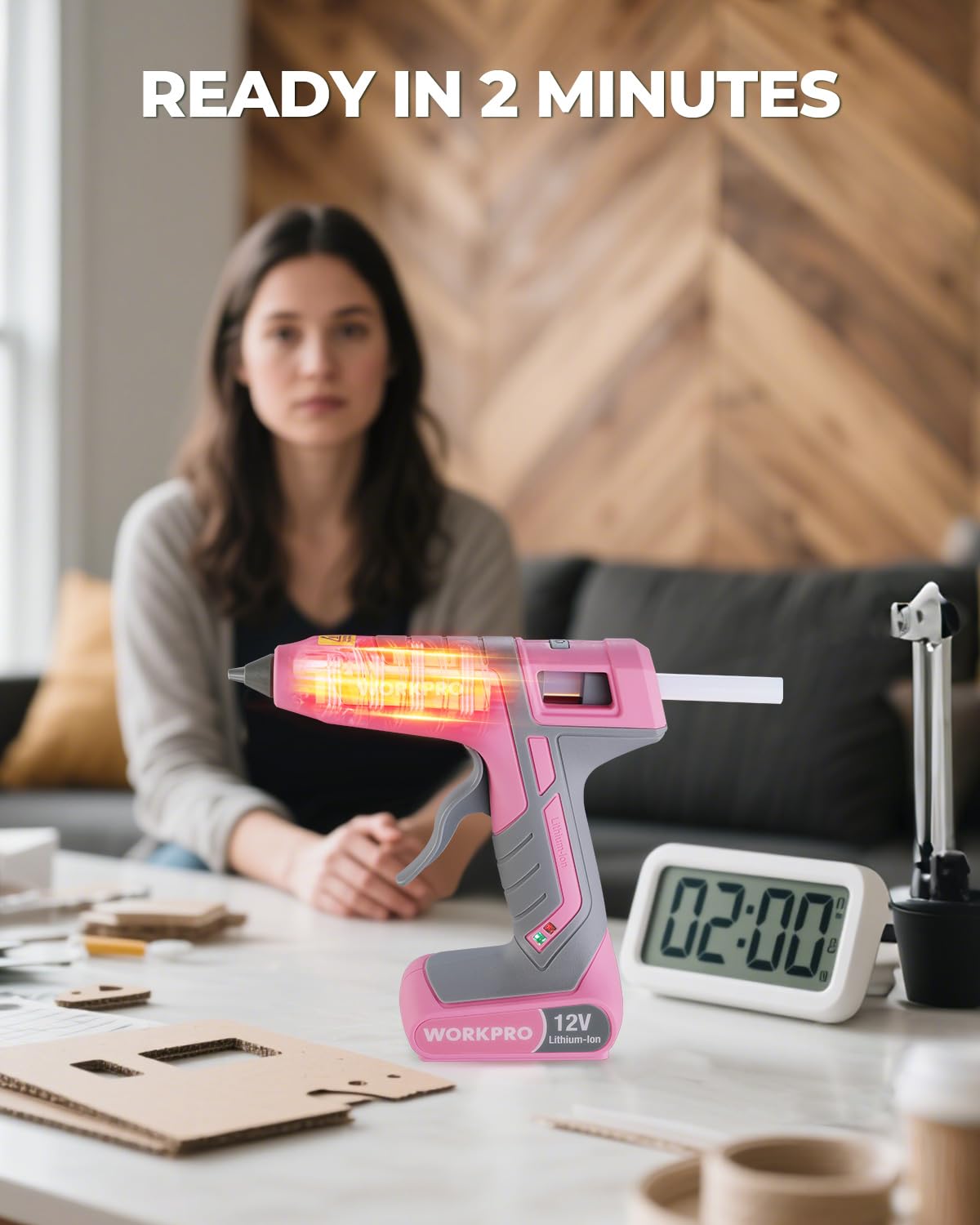 WORKPRO Full Size Cordless Hot Melt Glue Gun - 12V Rechargeable Fast Preheating Glue Gun Kit with 15pcs Full Size Glue Sticks, Auto Power-off Glue Gun for DIY Project, Art, Craft - Pink Ribbon