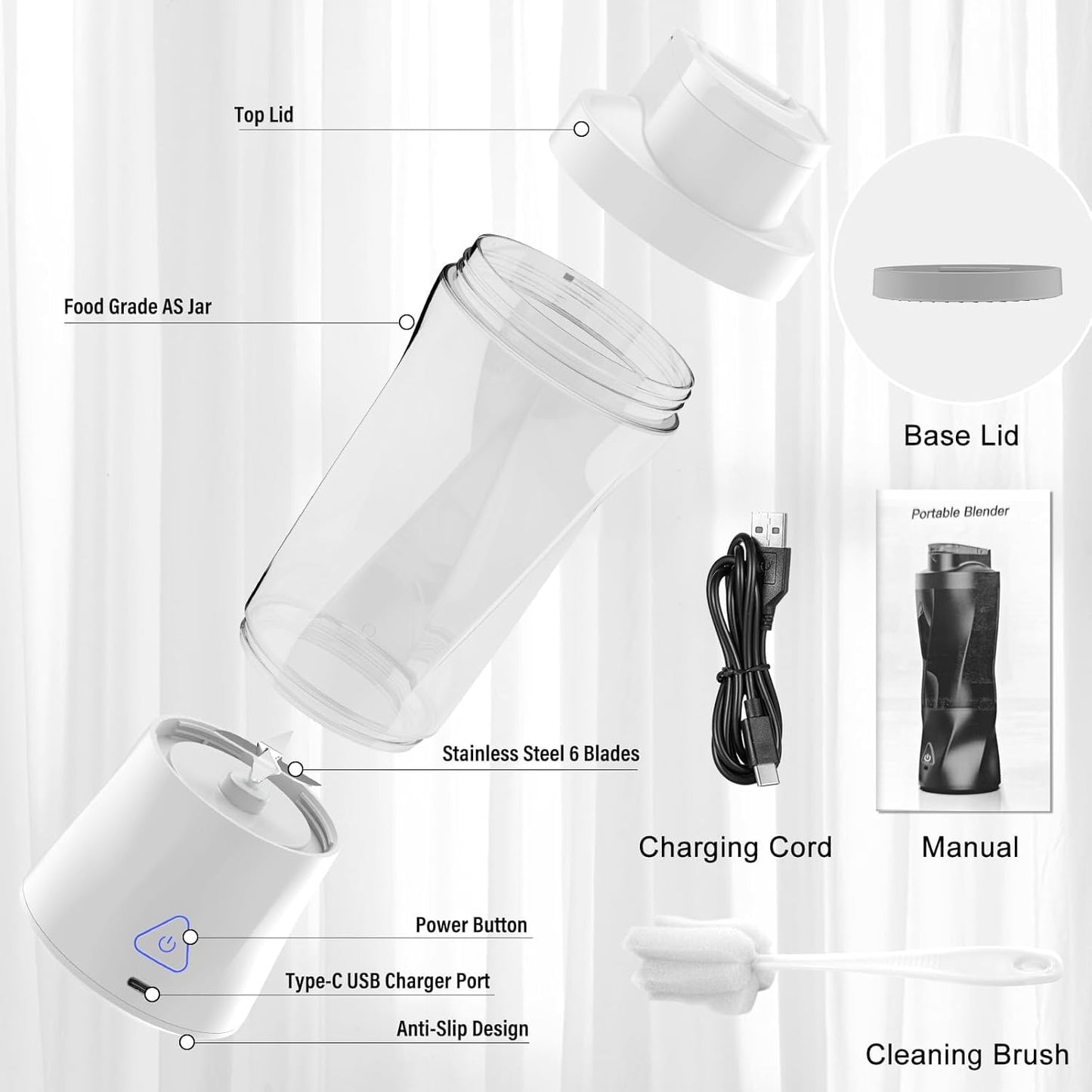 Portable Blender, 360W Personal Blender for Shakes and Smoothies for Kitchen, 24 Oz BPA Free Traveling Juicer Cup and Lid with 6 Blades, Self Cleaning Portable Juicer for Kitchen/Travel/Gym, Black