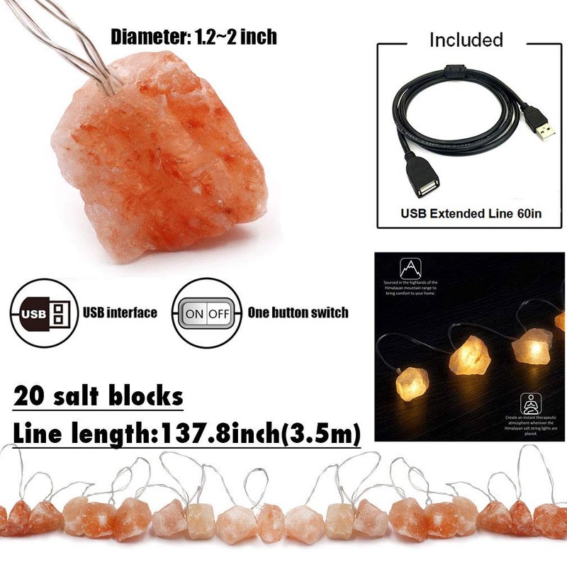 MINGRI Himalayan Salt lamp Salt Rock Night Light USB Fairy Hanging String Lights for Bedroom,Crystal Stones Natural Pink Salt Lamp for Meditation,Yoga,Office, Bedside,Desk,Computer, Baby,Child