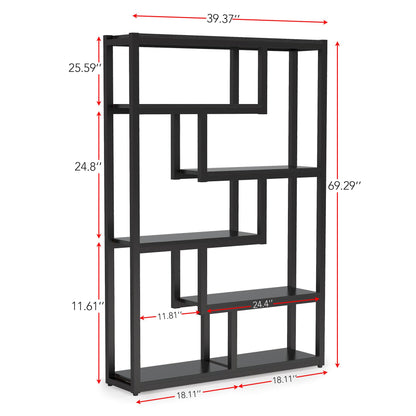 Tribesigns Way to Origin 6-Shelf Modern Bookshelf Set of 2, Industrial Etagere Bookcase, 69-Inch Tall Storage Display Staggered Shelves with Sturdy Metal Frame, Black