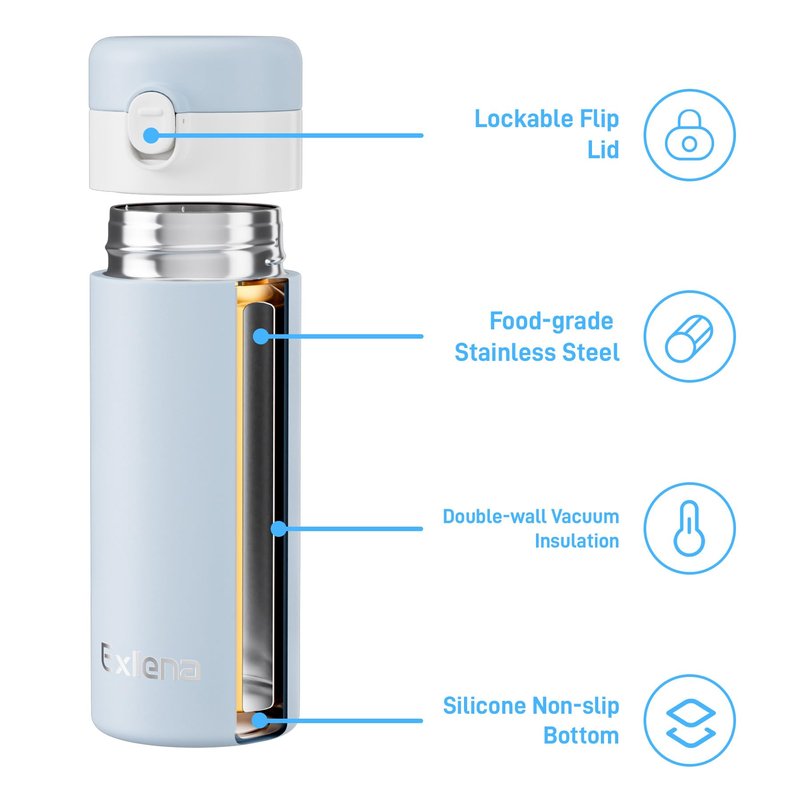 Exllena Small Insulated Water Bottle with Push-Button Lid – 7.5oz/220ml Mini Flask, Leakproof Mini Water Bottle for Coffee, Milk, Travel, School & Office Use(Blue & White)