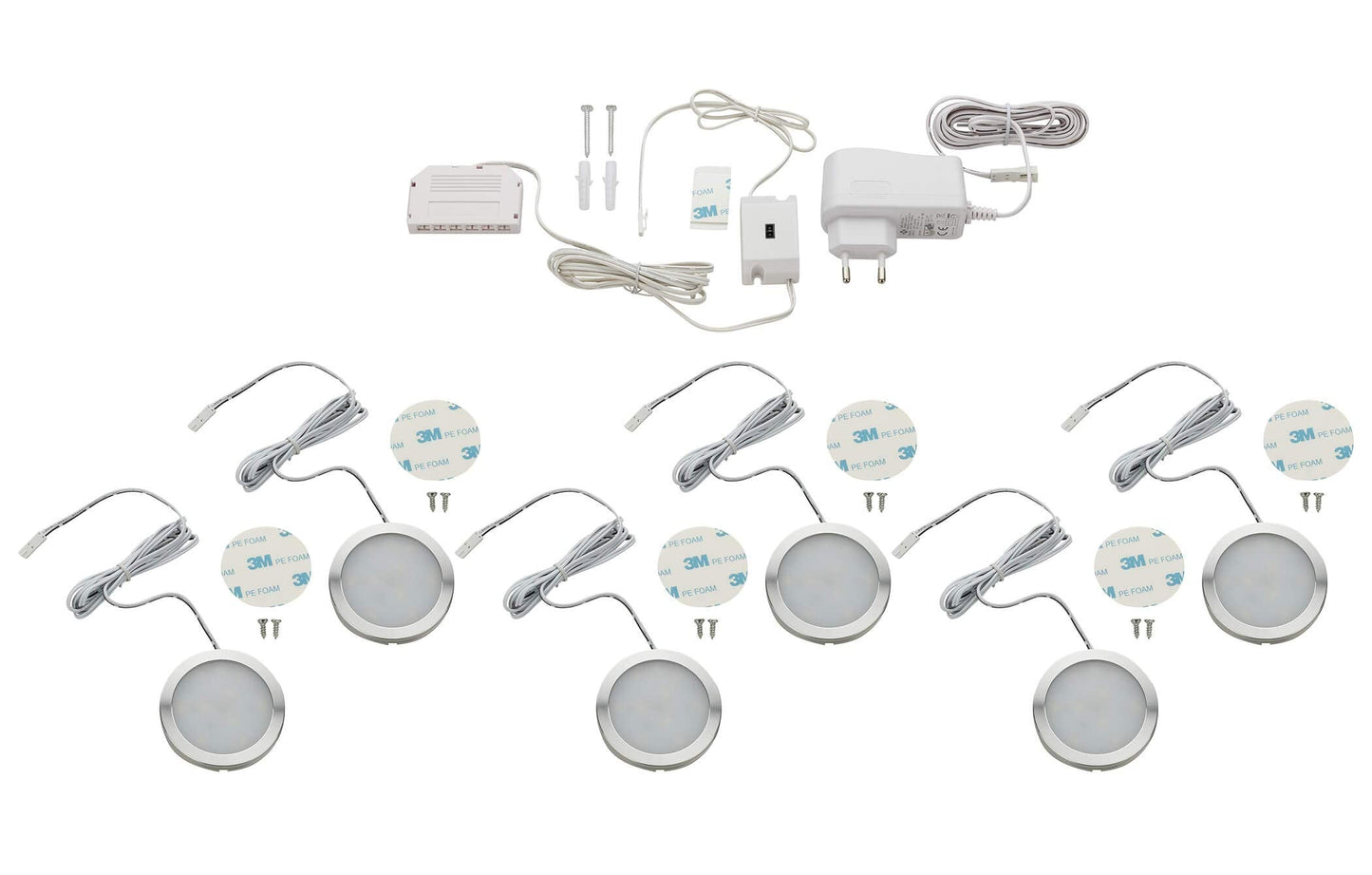 SEBSON LED Cabinet Lights, Set of 6, Non-Touch, Dimmable, IR Sensor, Warm White 3000 K, 6X 2 W, 6X 130 lm, Round, Ultra Flat 8 mm, Aluminium