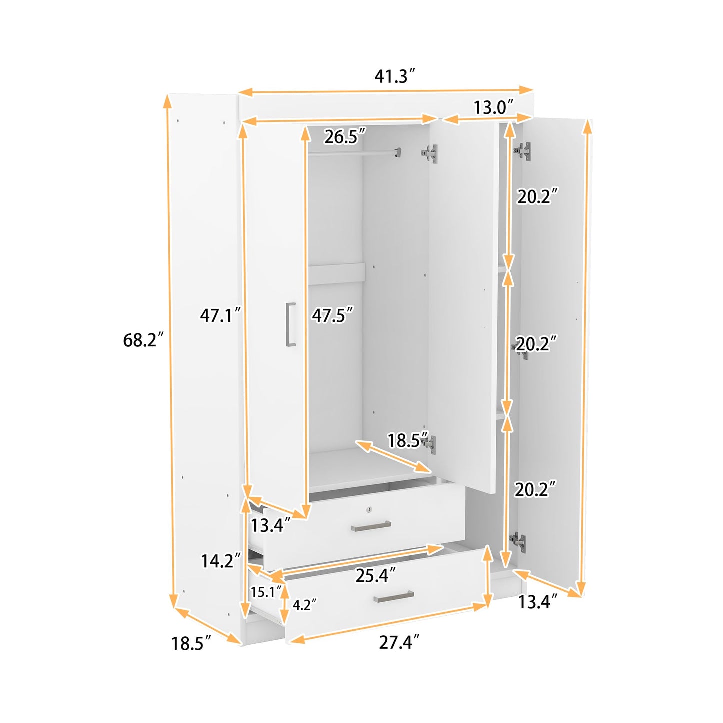 3 Door Wardrobe Cabinet Closet with Storage Drawers, Shelves and Hanging Rail for Clothes, Bedroom Organizer