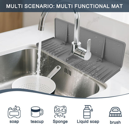 Silicone Faucet Drip Catcher Tray Mat - Upgraded Design - Sink Backsplash Guard Behind Faucet, Silicone Faucet Mat for Dish Soap Sponge Holder, Kitchen Counter Bathroom Kitchen Sink Splash Guard -Grey