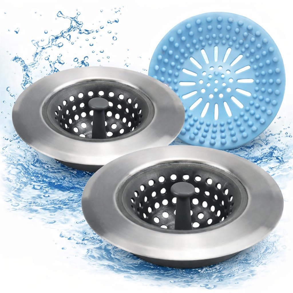 2 Pack Silicone Sink Drain Strainer, Flexible Kitchen Sink Strainer Basket with Metal Rim, 4.5 Inch Drain Catcher & Food Stopper, Free Shower Drain Cover