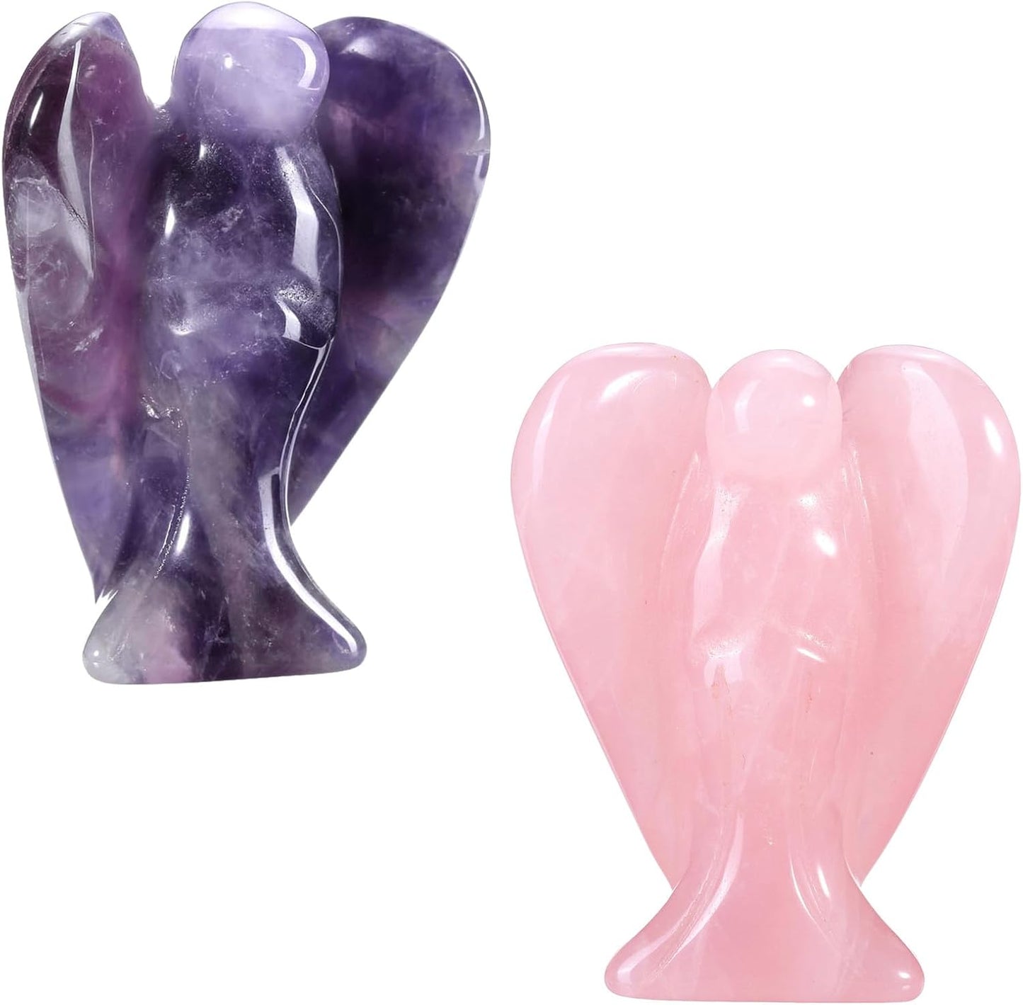 Jovivi 2pcs Amethyst Rose Quartz Crystal Angel Figurines, 1.5 Inch Polished Pocket Guardian Angel Statue for Home Decor