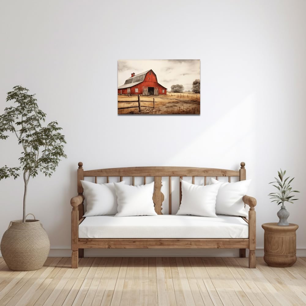 QIXIANG Old Barn Picture Wall Decor - Red Barn Canvas Print Rustic Scenery for Farmhouse Bathroom Decor