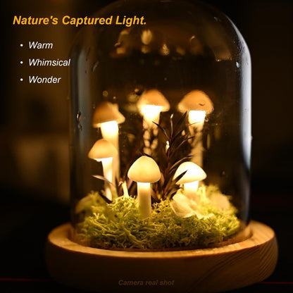 DIY Mushroom Lamp Kit – Handmade Mushroom Night Light with Glass Dome, Terrarium-Style Jungle Atmosphere Night Light with Faux Moss & Wooden Base for Bedroom, Home Decor, Gifts for Women & Kids