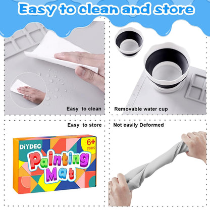 DIYDEC Silicone Craft Mat for Kids 20X16 Inch Large Painting Mat with Detachable Cup &10 Painting Brushes Silicone Art Mat for Adult DIY Gift Accessories (White)