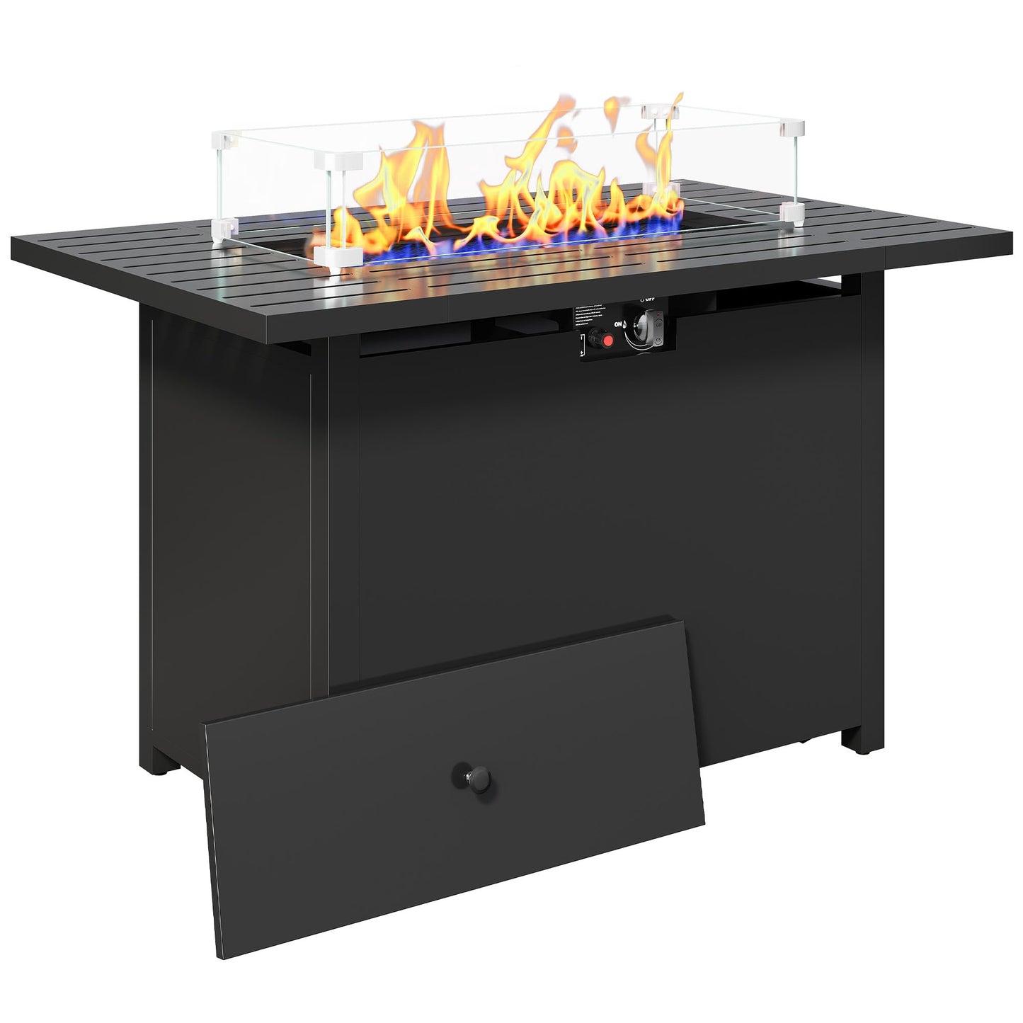 FansaFurn 43” Outdoor Propane Fire Table Set with Heavy-Duty Glass Stones, Glass Wind Guard, Lid & Water-Resistant Cover, 50,000 BTU Metal Fire Pit Table, Rectangle Fire Pit Table for Deck, Patio