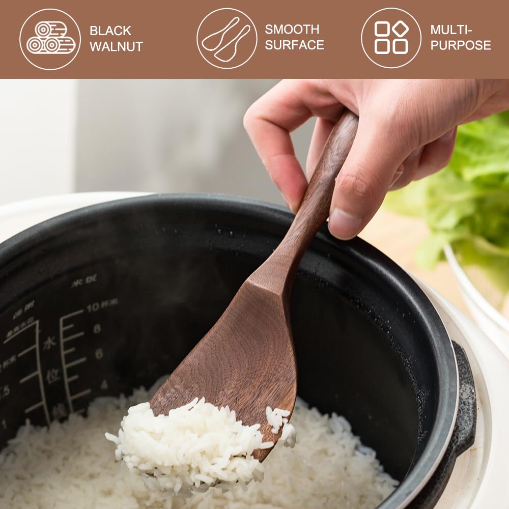 MIGAKU HOME Black Walnut Wooden Cooking Spoons Set - 1 Flat + 1 Angled Rice Scooper, Durable & Eco-Friendly for Cooking & Serving - Perfect for Kitchen Enthusiasts and Gourmet Lovers