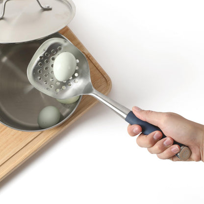 Calphalon Edge Stainless Steel Slotted Spoon/Skimmer with Navy Blue Handle, Slotted Cooking Tool for Draining and Skimming, Heat-Resistant, Durable Kitchen Utensil for Everyday Use