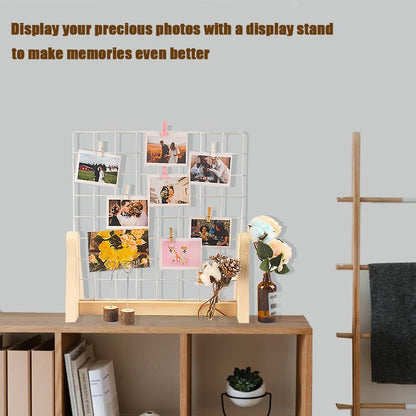 WANMEIZI 15.7”X15.7” Grid Wall Countertop Display Stand Metal Grid Wall Stand with Mini T-Base Portable Tabletop Display Unit with 20 Small Clips for Shows Retail Crafts Artistic Drawings Photos